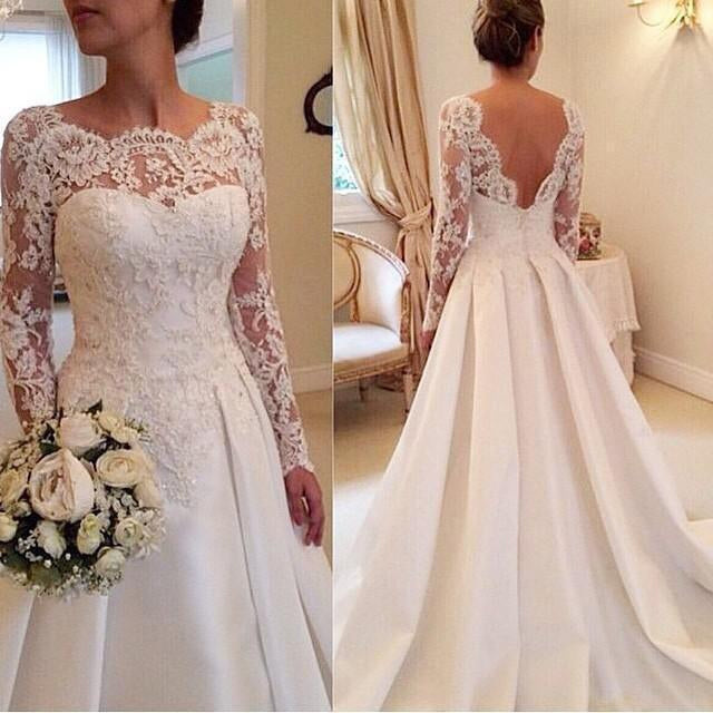 Formal Elegant V Back Long Sleeves Satin Lace Appliques Long Wedding Dresses