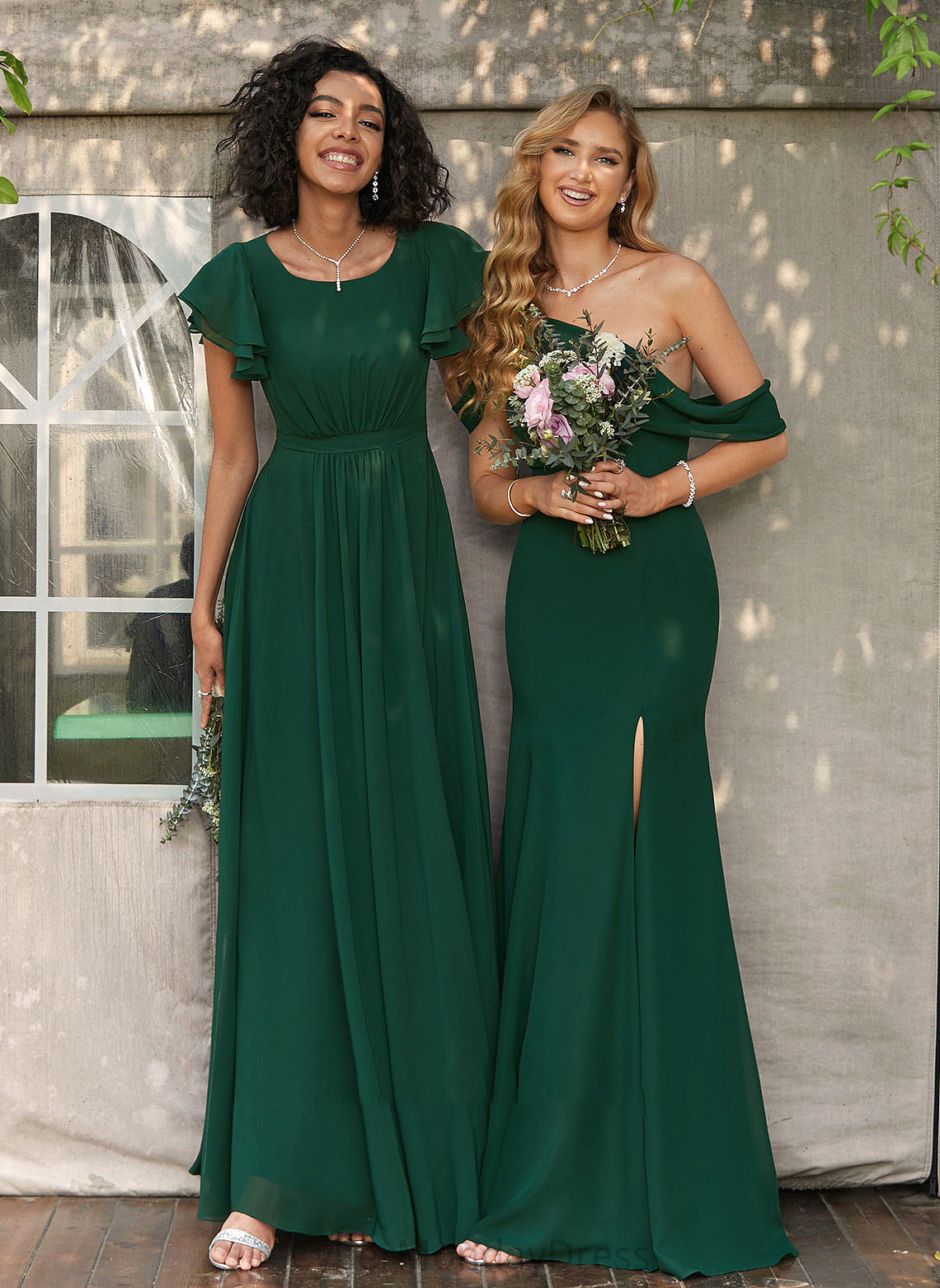 Fabric Silhouette A-Line ScoopNeck Floor-Length Embellishment Ruffle Length Neckline Jacqueline Floor Length Natural Waist Bridesmaid Dresses