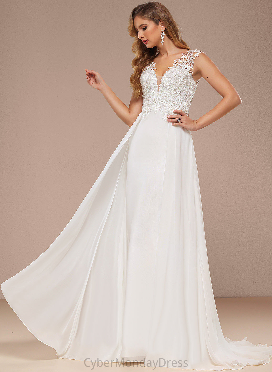 Paula Wedding Wedding Dresses A-Line Lace Chiffon Dress Train Sweep V-neck