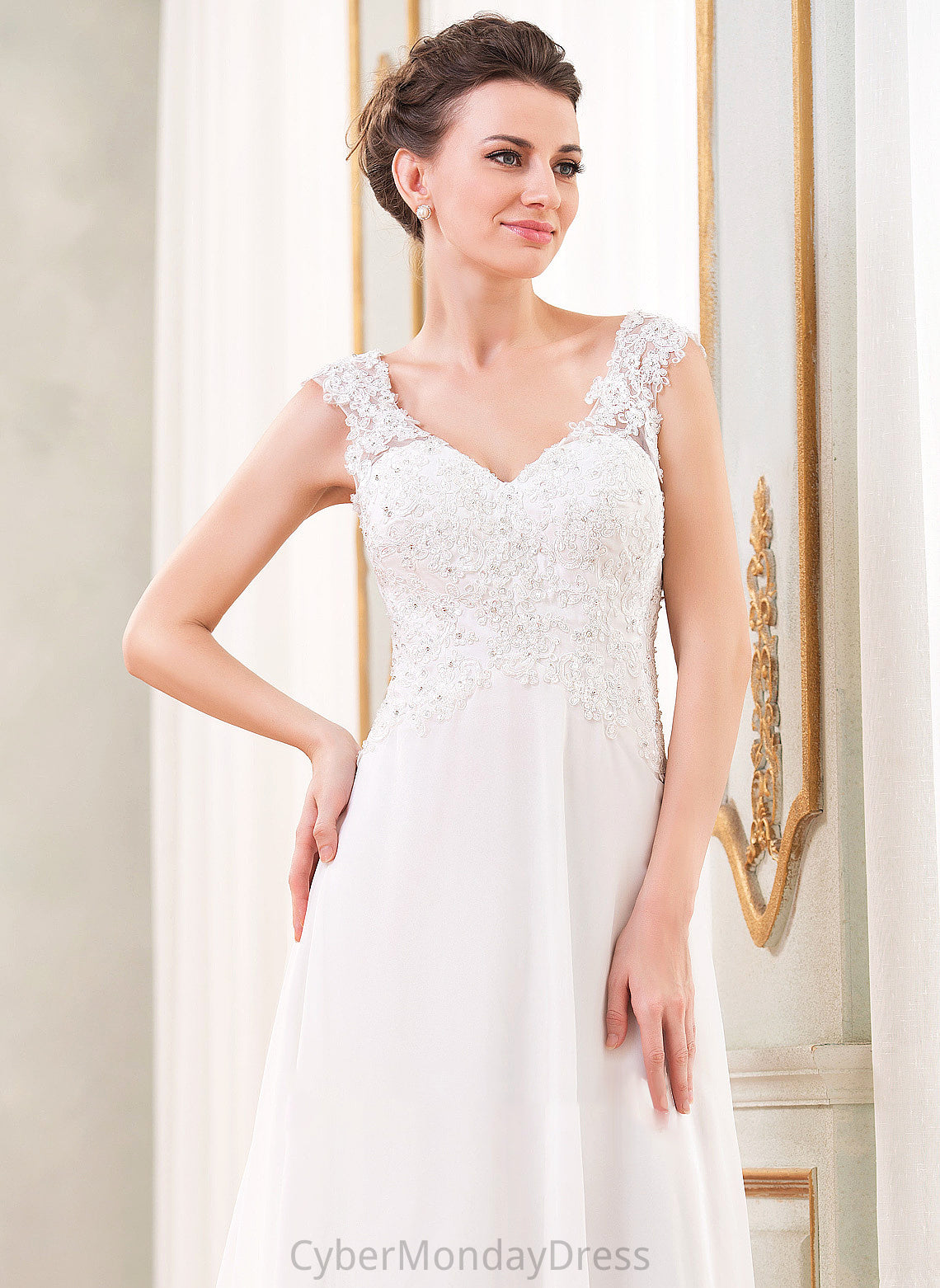 With Train Chiffon Wedding Dresses Sweep Beading Dress Wedding Selah Lace A-Line Sequins V-neck