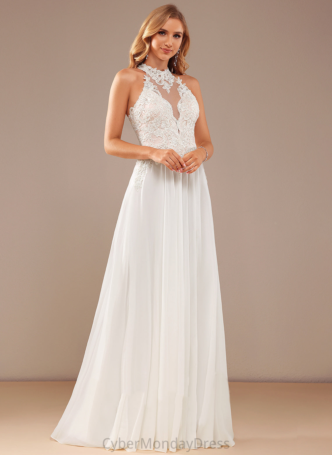 A-Line Beading Sequins High Skyla Wedding Dresses Wedding Chiffon Neck Dress With Lace Floor-Length