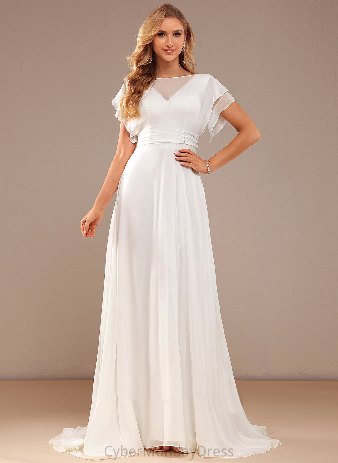 Scoop Dress Arielle Train A-Line Wedding With Beading Wedding Dresses Chiffon Neck Sweep