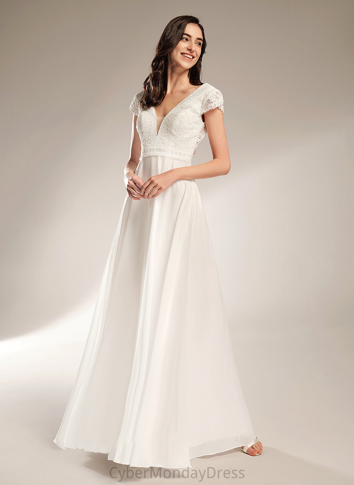 Wedding Dresses Chiffon Kira V-neck Dress Wedding Lace Floor-Length A-Line