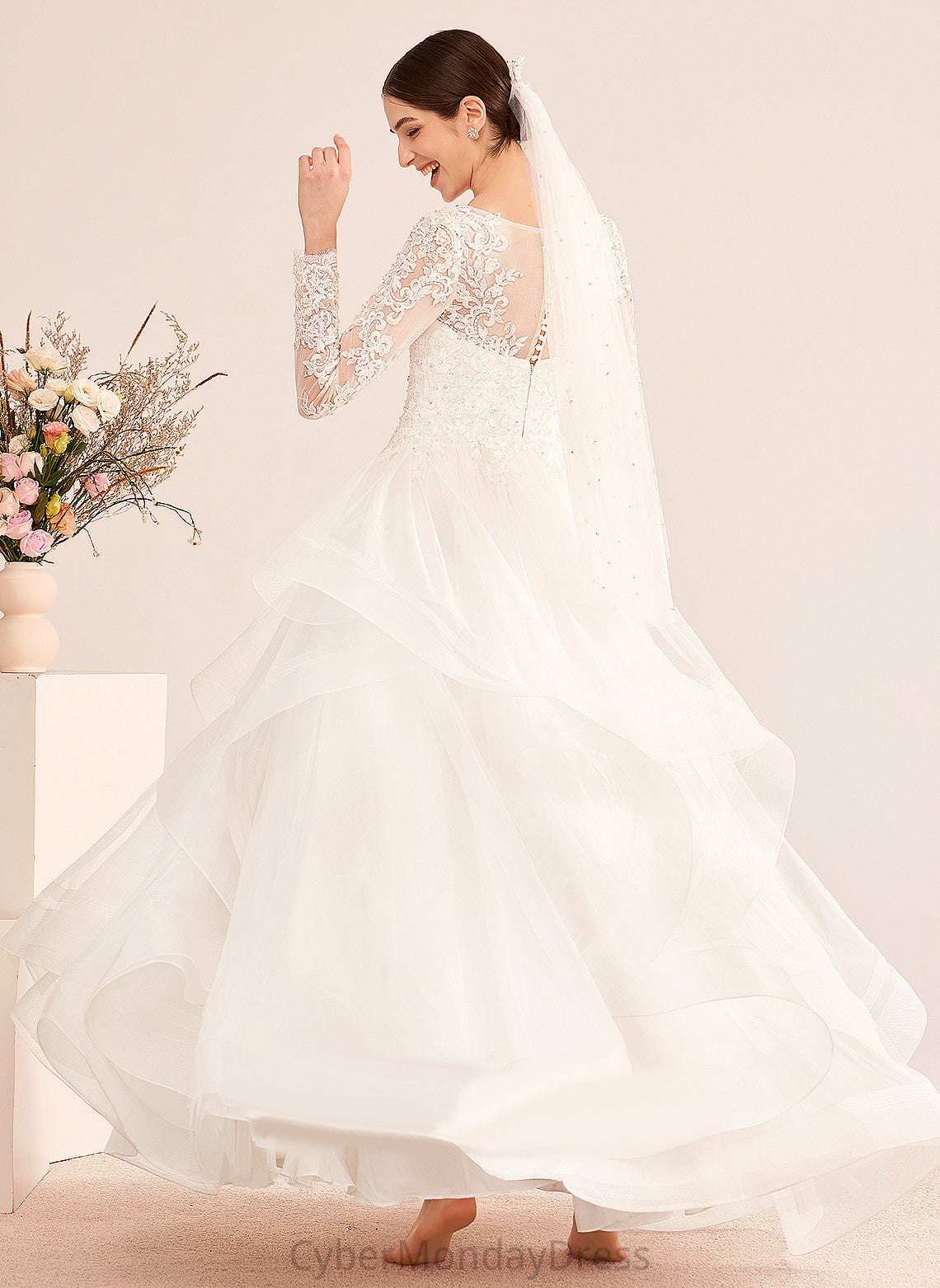 Floor-Length With Sequins Wedding Dresses Tulle Dress Wedding Ball-Gown/Princess Beading Kianna V-neck Lace