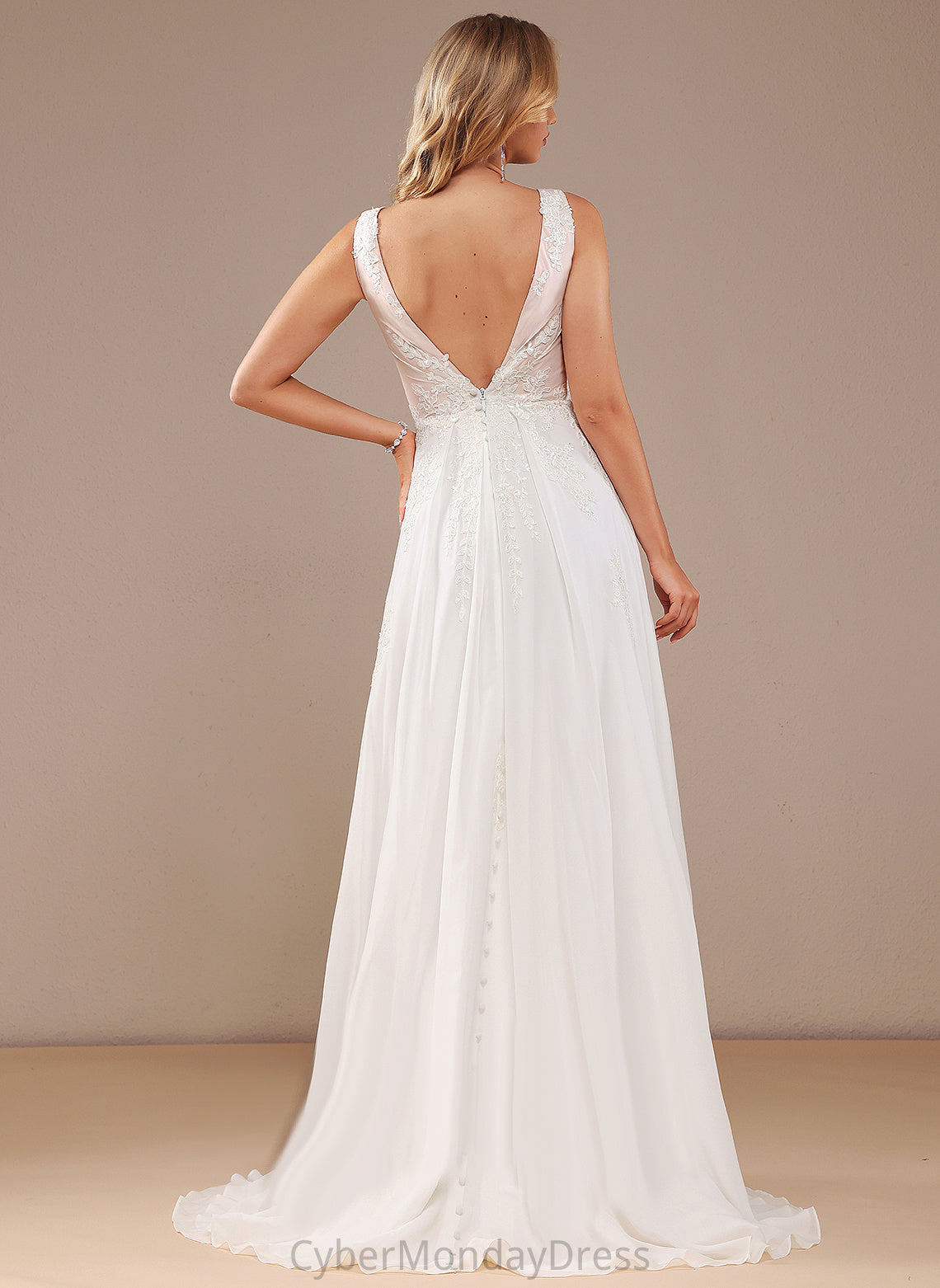 Front Allison Lace Split Wedding Train Lace V-neck Sequins A-Line With Sweep Chiffon Wedding Dresses Dress