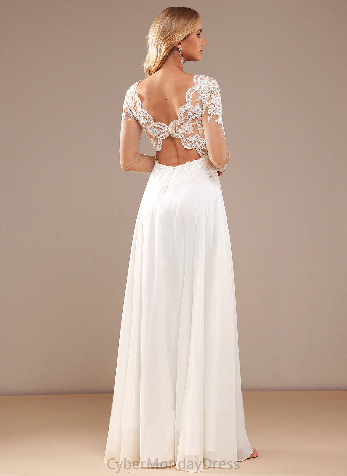 A-Line Wedding Lace Natasha V-neck Floor-Length With Chiffon Dress Sequins Wedding Dresses