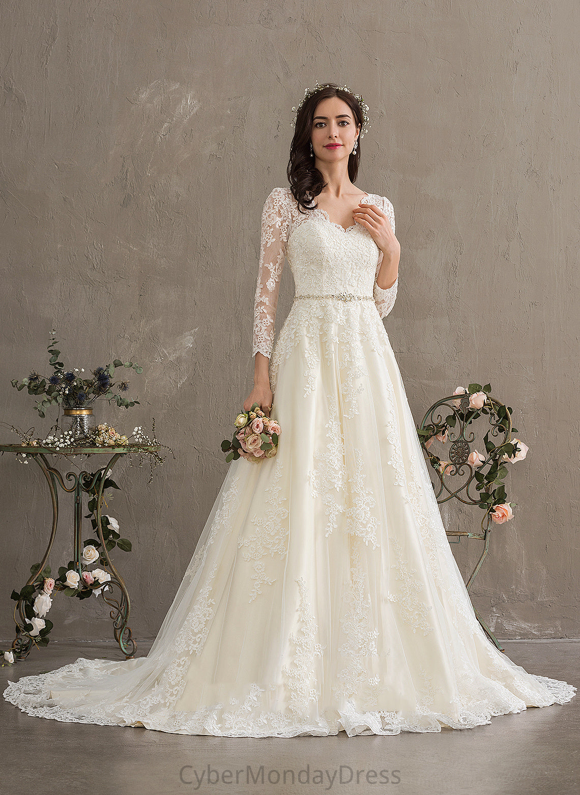 Wedding Dresses Allisson V-neck Sequins Beading Ball-Gown/Princess Lace Dress Train With Tulle Chapel Wedding