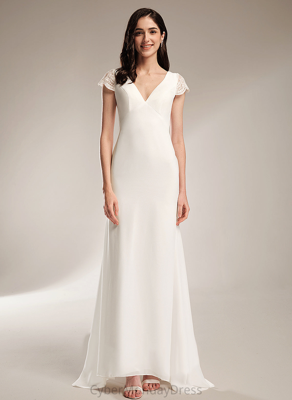 Sheath/Column Valery Wedding Train Chiffon With Sweep Lace Dress Wedding Dresses V-neck