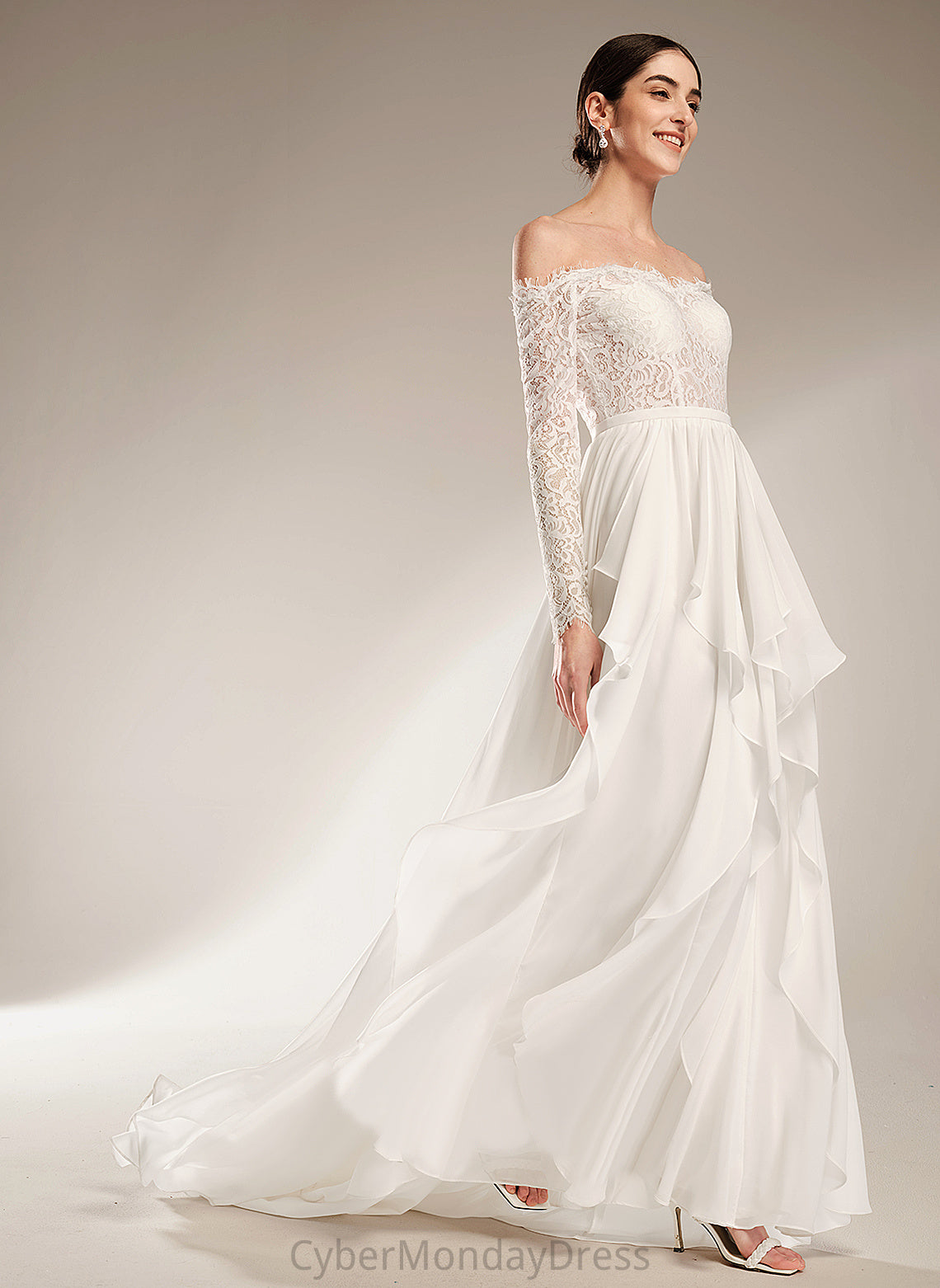 Carina Wedding Dresses Chiffon Dress A-Line Lace Wedding Train Court Ruffle With Off-the-Shoulder