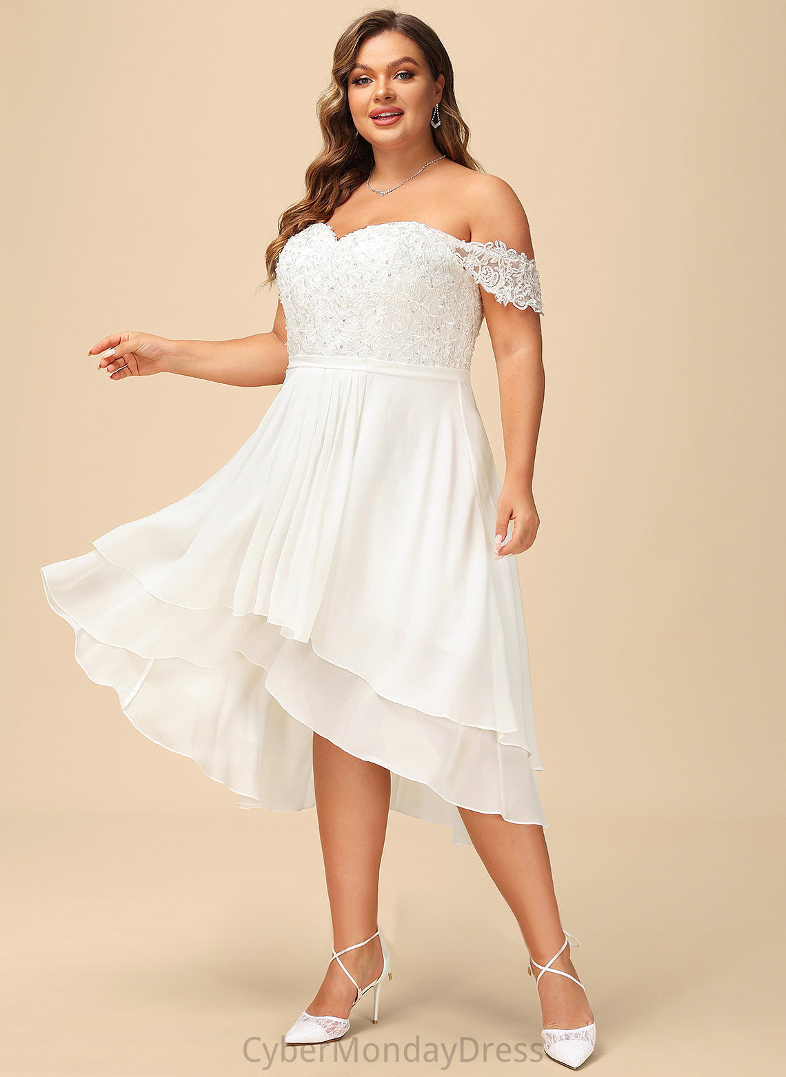 Lace Wedding Beading Jazlynn Sequins Dress Asymmetrical Off-the-Shoulder Chiffon A-Line With Wedding Dresses