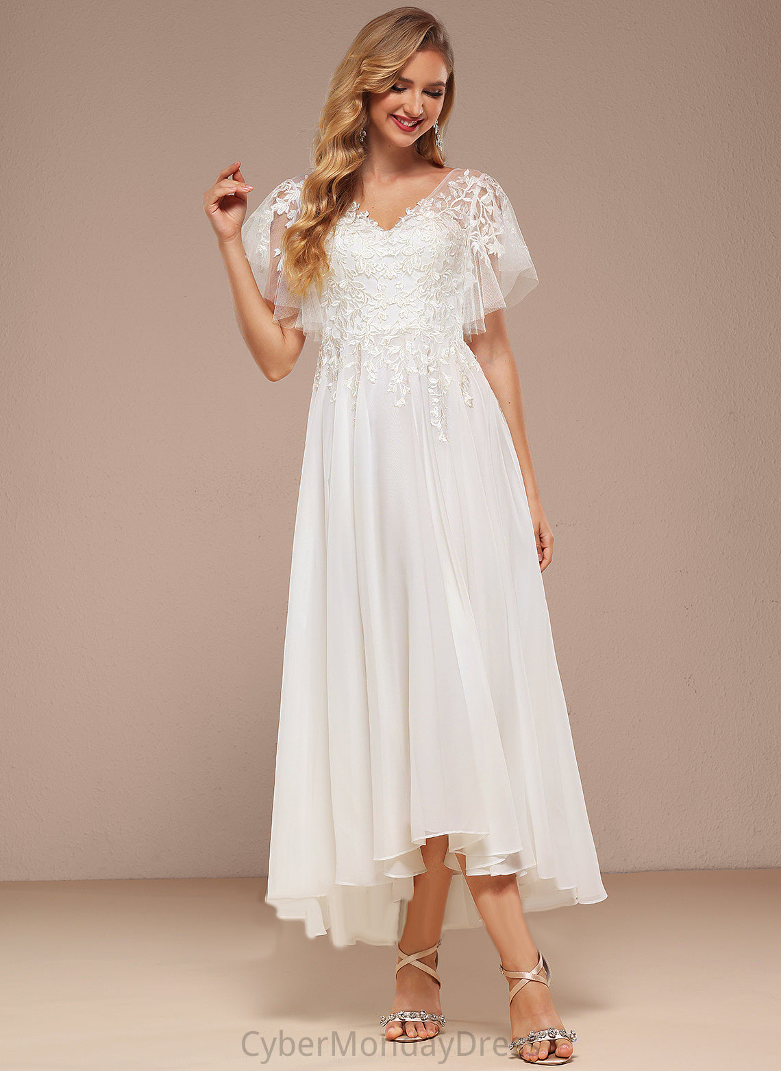 Tulle V-neck Dress With Wedding Dresses Asymmetrical Lace Patience A-Line Ruffle Wedding