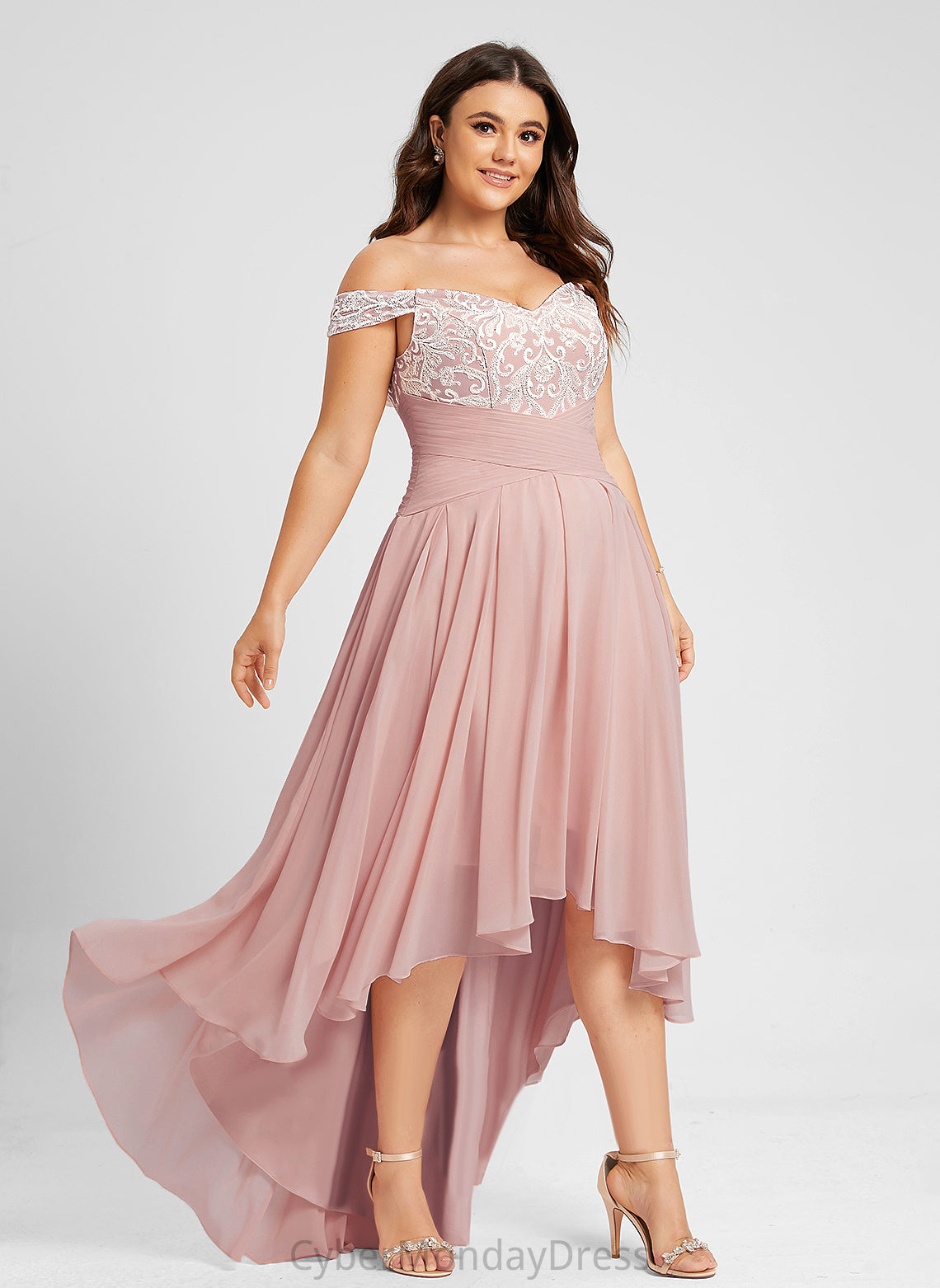 Dress Lace A-Line Asymmetrical Wedding Chiffon Pleated With Wedding Dresses Off-the-Shoulder Jazmin