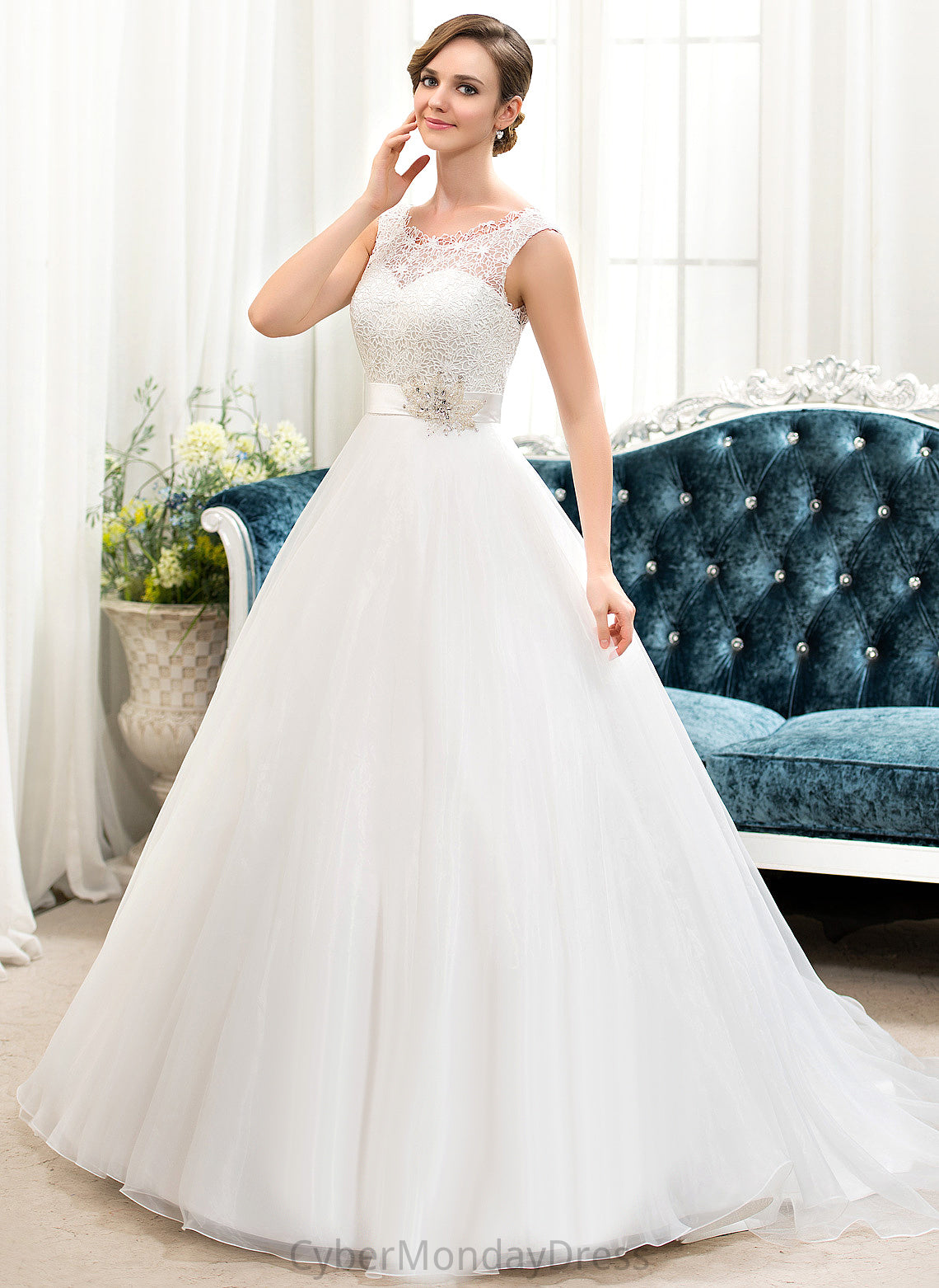 Satin Ball-Gown/Princess Beading Sequins Lace Dress Organza Wedding Sweep With Wedding Dresses Train Sheila