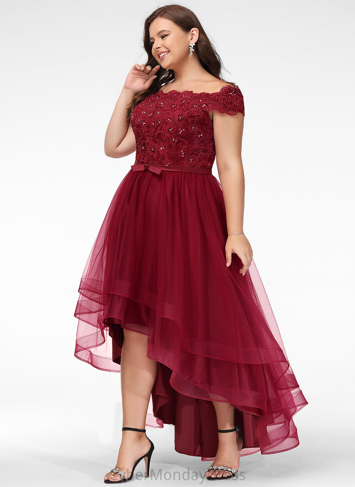 Wedding Asymmetrical Sequins Off-the-Shoulder With Macie Bow(s) Tulle A-Line Wedding Dresses Lace Beading Dress