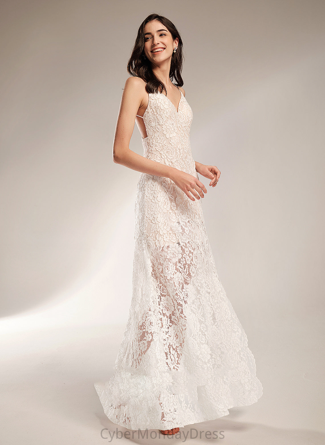 With Sheath/Column Wedding V-neck Wedding Dresses Front Muriel Floor-Length Dress Split Lace