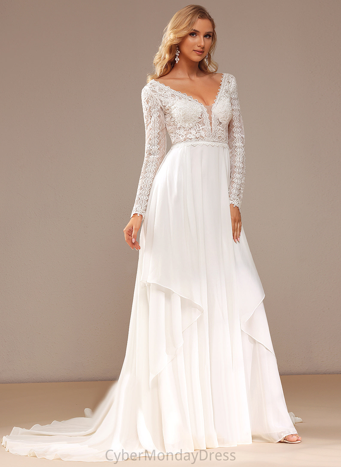 Aleah A-Line Train Dress Ruffle Wedding Dresses Lace Lace With Chiffon V-neck Wedding Court