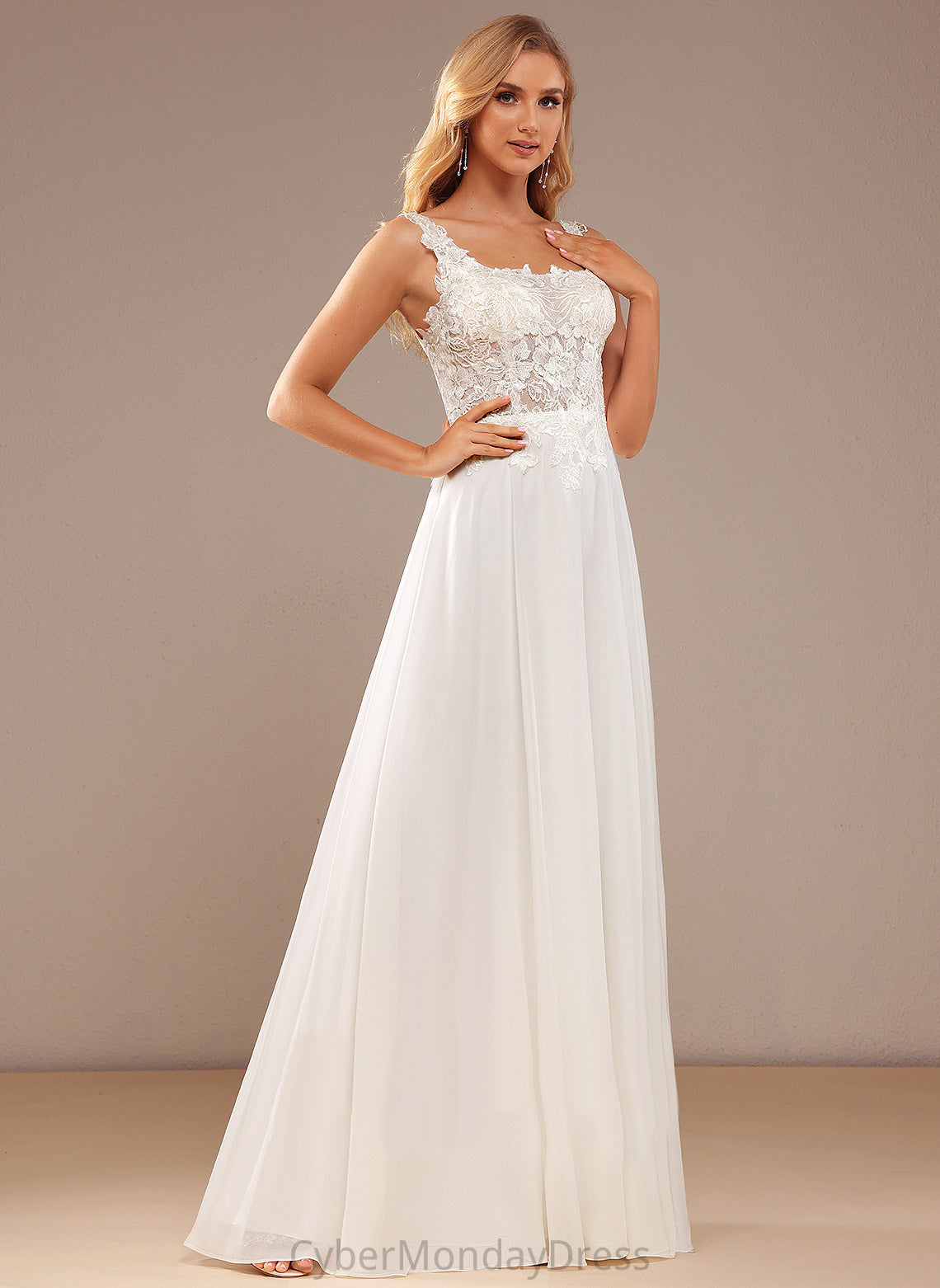 Ali Lace Chiffon Wedding Dresses Square Dress Floor-Length Neckline Sequins A-Line With Wedding Lace