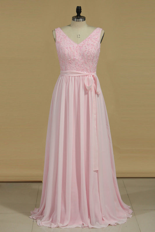 2024 A Line Bridesmaid Dresses V Neck Beaded Bodice Chiffon Floor Length