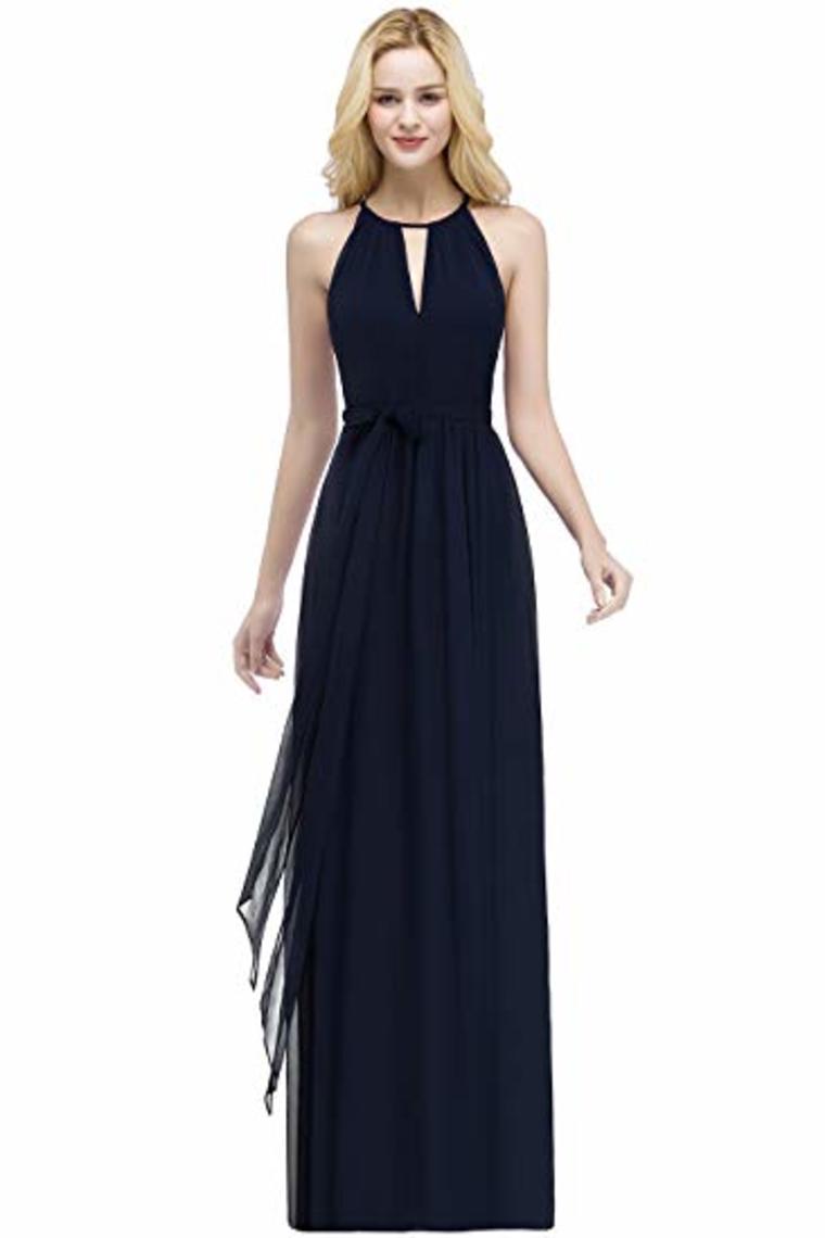 Bow Knot Chiffon Round Neck A Line Sleeveless Wedding Bridesmaid Long Evening Festive Party Dress