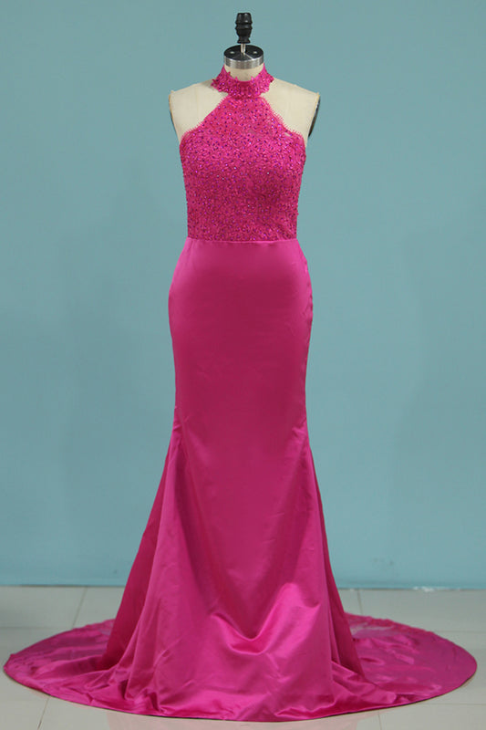 2024 Bridesmaid Dresses Halter Mermaid Satin With Applique Sweep Train