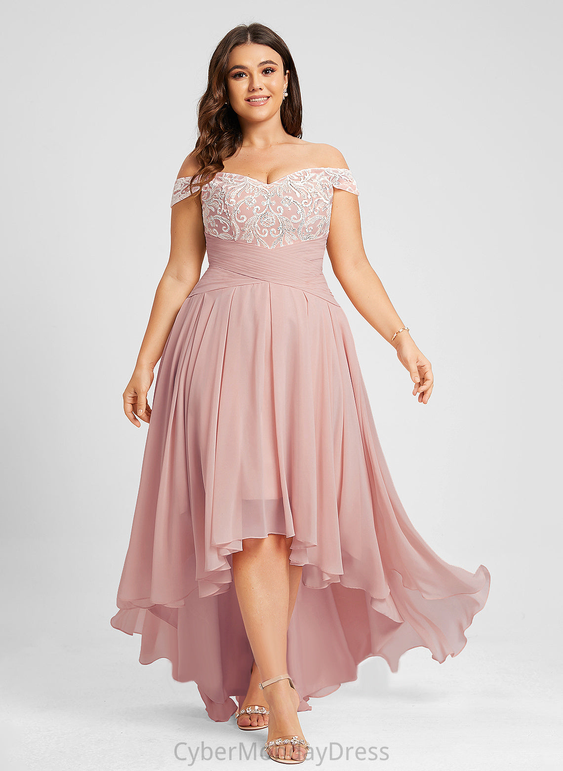 Dress Lace A-Line Asymmetrical Wedding Chiffon Pleated With Wedding Dresses Off-the-Shoulder Jazmin