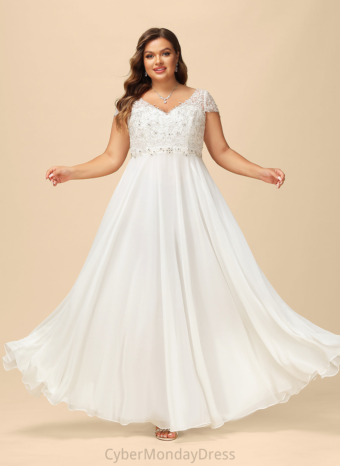 Chiffon Floor-Length Wedding With Lace V-neck Wedding Dresses A-Line Sequins Beading Dress Jazlynn