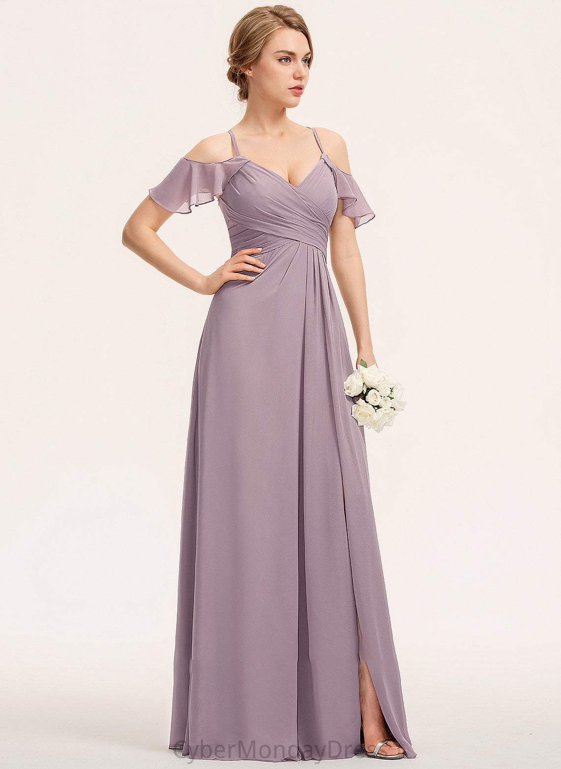 Embellishment Neckline Ruffle Floor-Length SplitFront CascadingRuffles V-neck Silhouette A-Line Fabric Length Susanna Bridesmaid Dresses