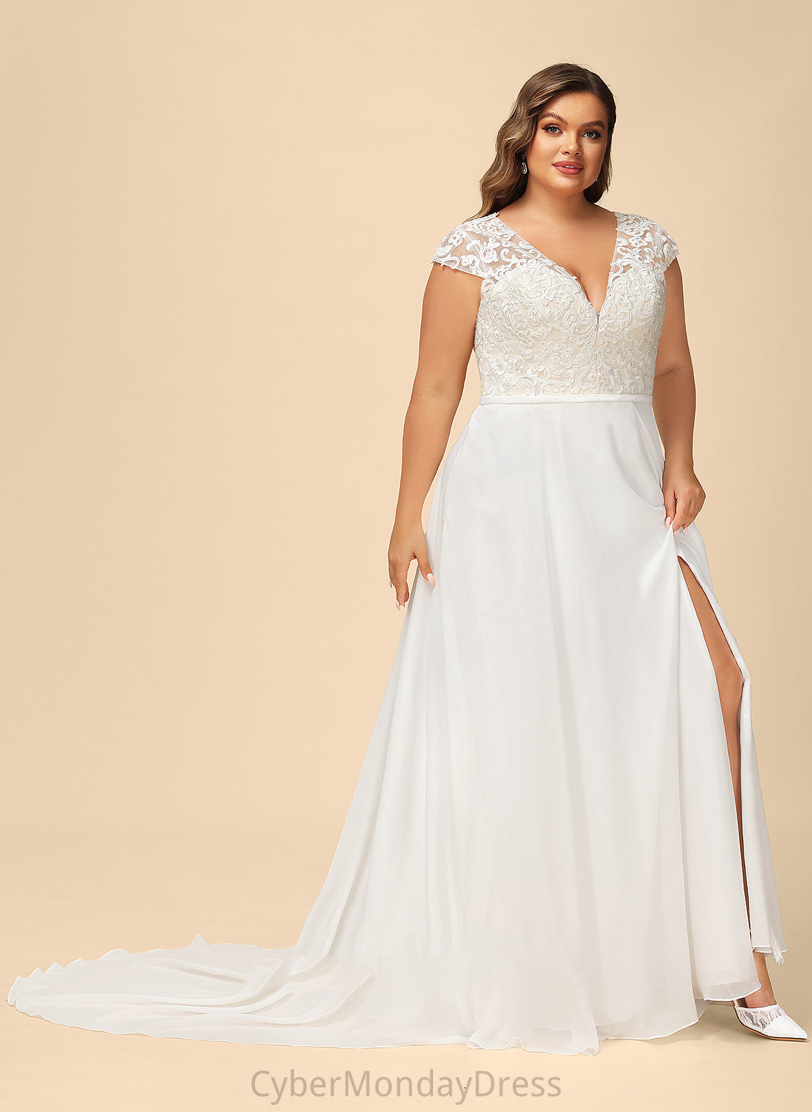 Train Front V-neck Sweep A-Line Wedding Dresses Split Dress Peggie Wedding Lace With Chiffon