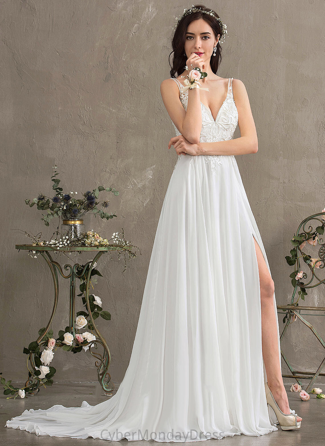 Train With Sequins Beading Lace Dress Front Wedding Wedding Dresses Dalia Chiffon Split Sweep A-Line V-neck