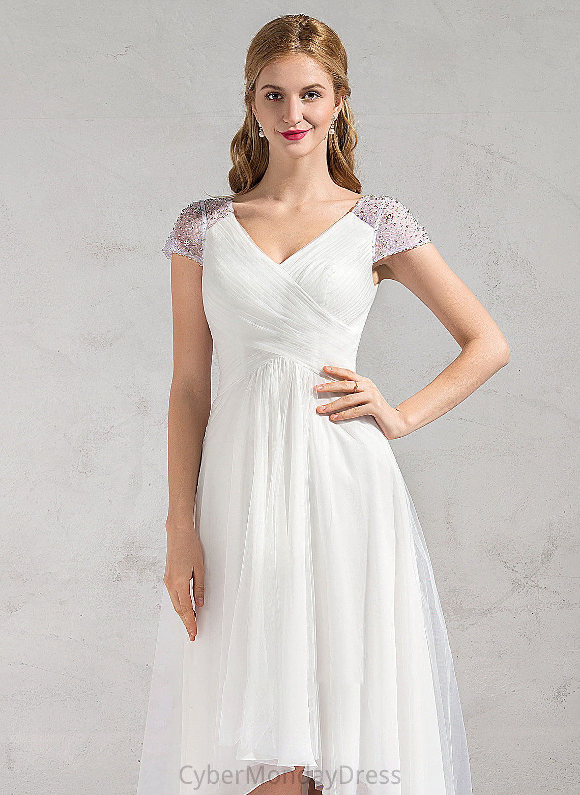 Wedding Dress Sequins Tulle V-neck Ruffle A-Line Asymmetrical Jenna Wedding Dresses With Beading