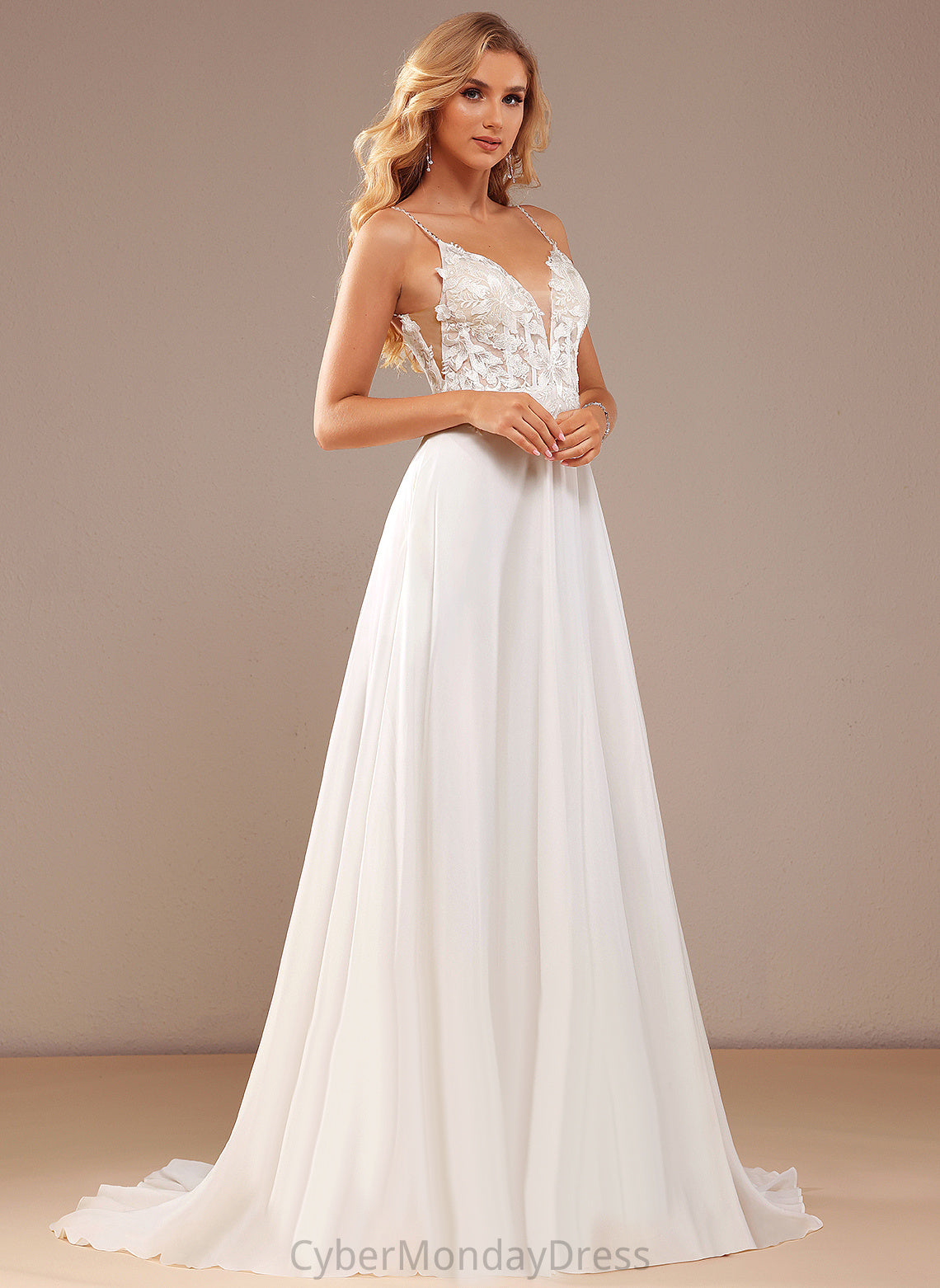 V-neck Court Train Feather Wedding Wedding Dresses Lace Journey A-Line Dress Beading With Pockets Sequins Chiffon Lace