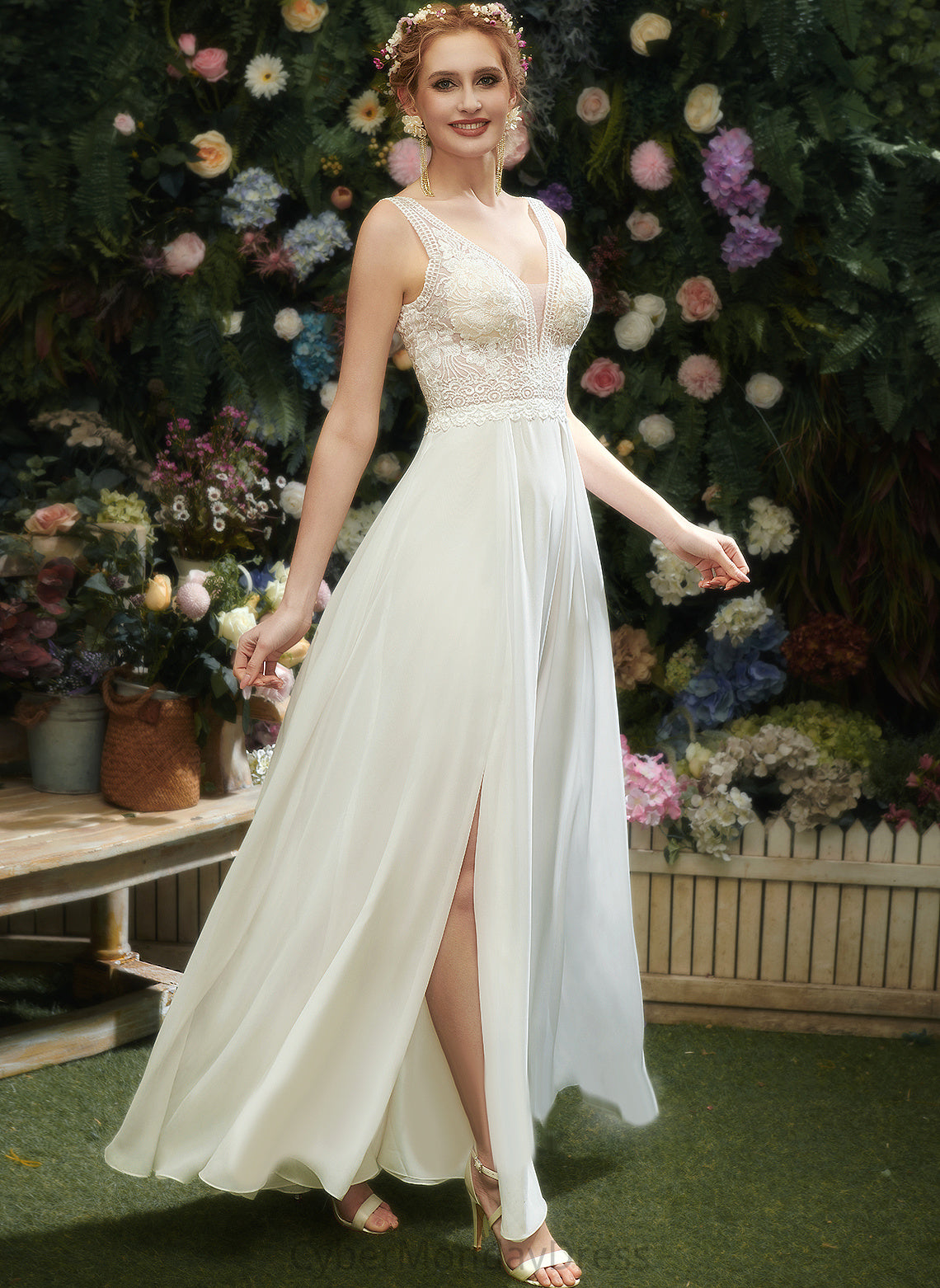 V-neck Maryjane A-Line Floor-Length Wedding Sequins With Chiffon Dress Wedding Dresses Lace