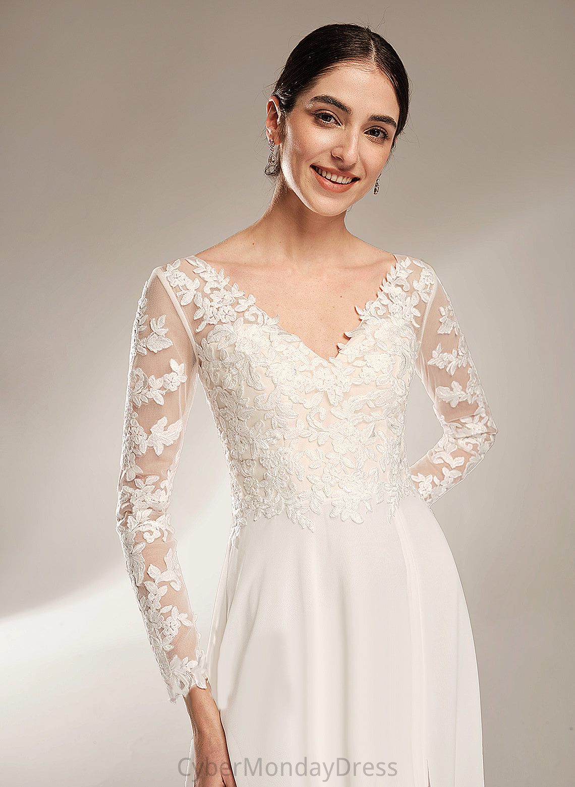 Karley Lace A-Line Split Front Wedding Chiffon Dress With V-neck Wedding Dresses Floor-Length