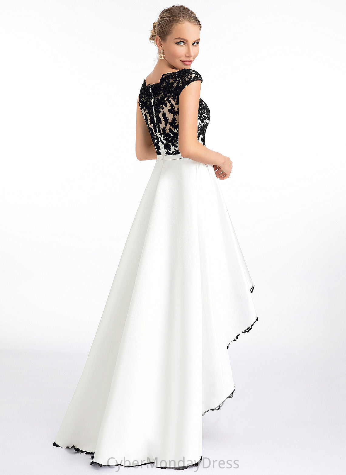 Dress Asymmetrical Wedding Cailyn A-Line Lace Scoop Illusion Satin Wedding Dresses