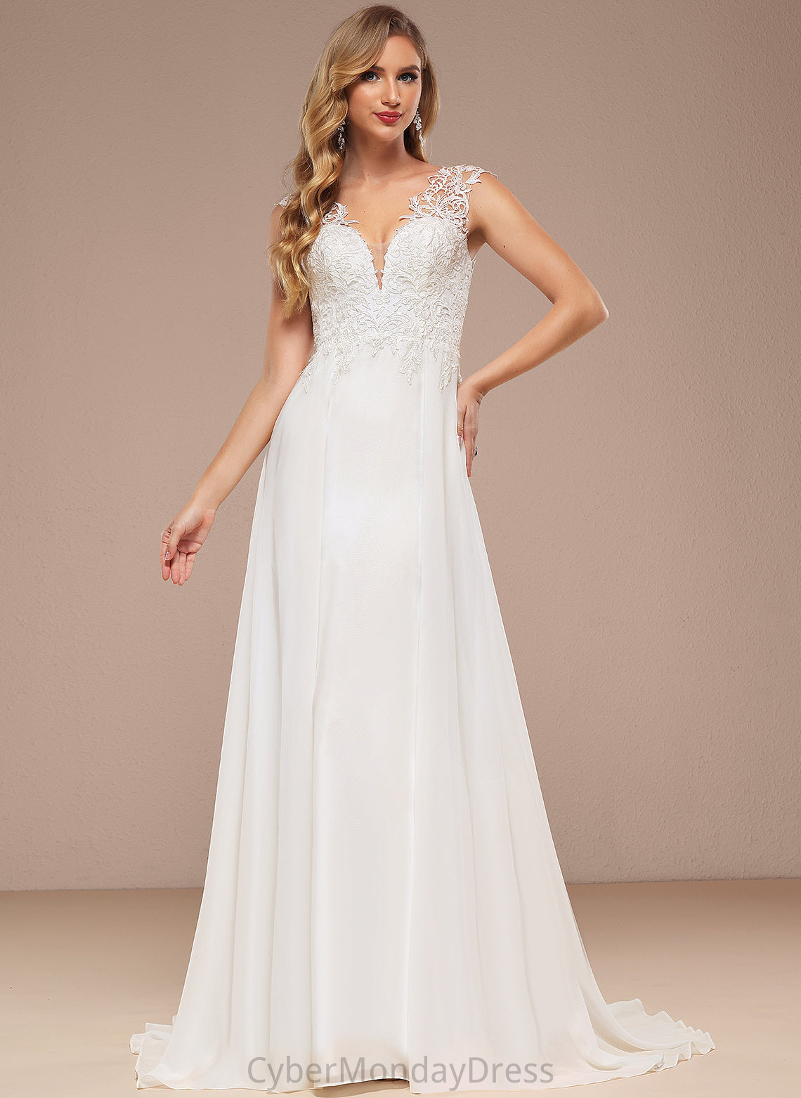 Paula Wedding Wedding Dresses A-Line Lace Chiffon Dress Train Sweep V-neck