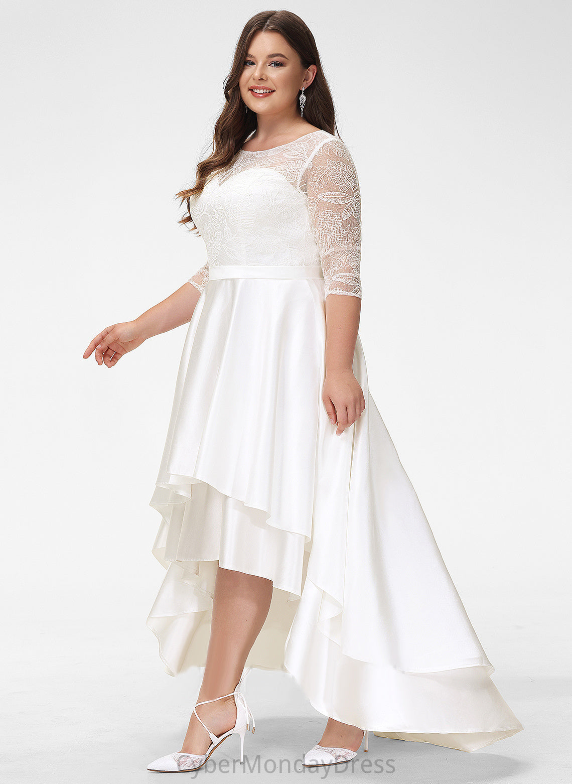 Wedding Asymmetrical Scoop Wedding Dresses Dominique A-Line Lace Satin Dress