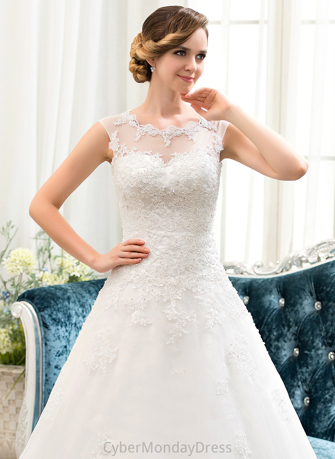 Illusion Sweep Wedding Dresses Organza Dress With Ball-Gown/Princess Lace Tulle Train Sequins Wedding Kylee Beading