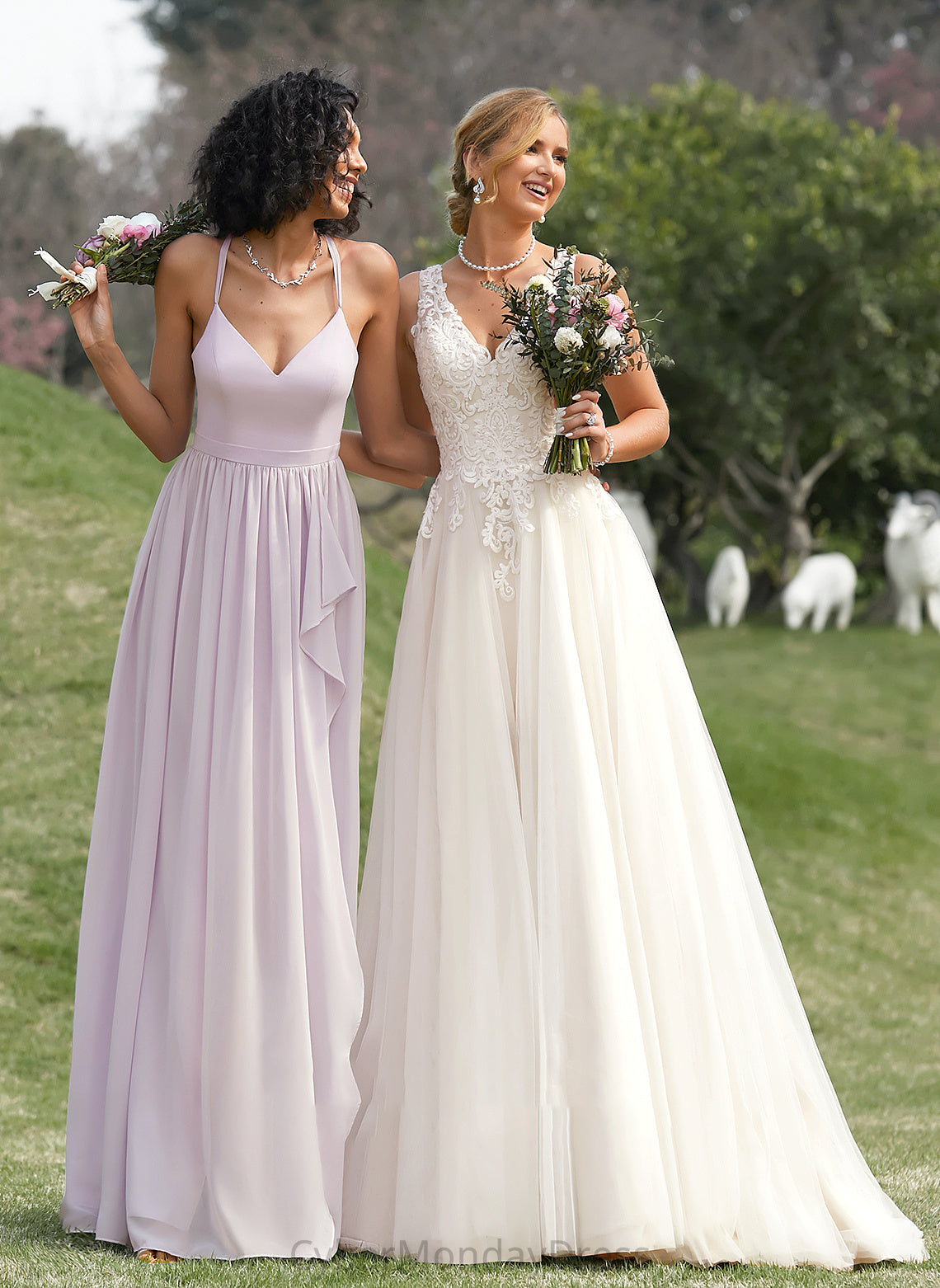 Neckline Embellishment SplitFront Length V-neck A-Line Silhouette Fabric Ruffle Asymmetrical Jada Bridesmaid Dresses