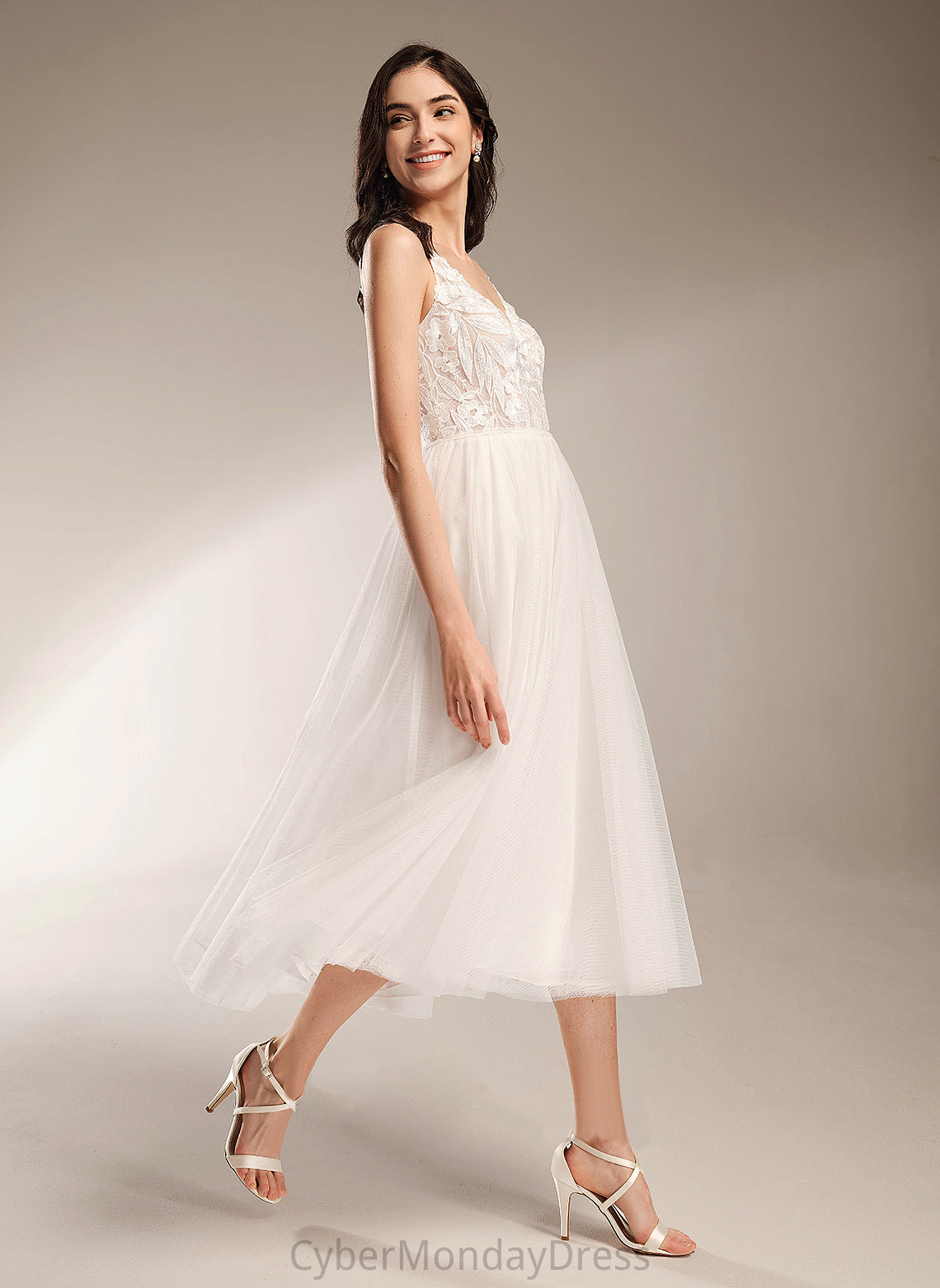 Tea-Length Tulle Lace A-Line Lena Dress Wedding V-neck Wedding Dresses