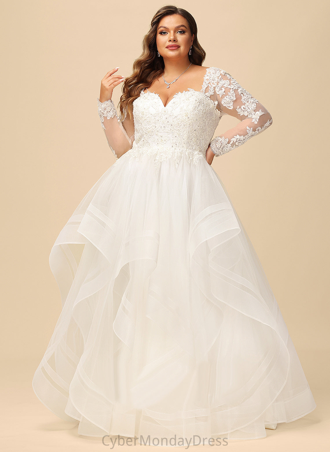 Floor-Length With Sequins Wedding Dresses Tulle Dress Wedding Ball-Gown/Princess Beading Kianna V-neck Lace