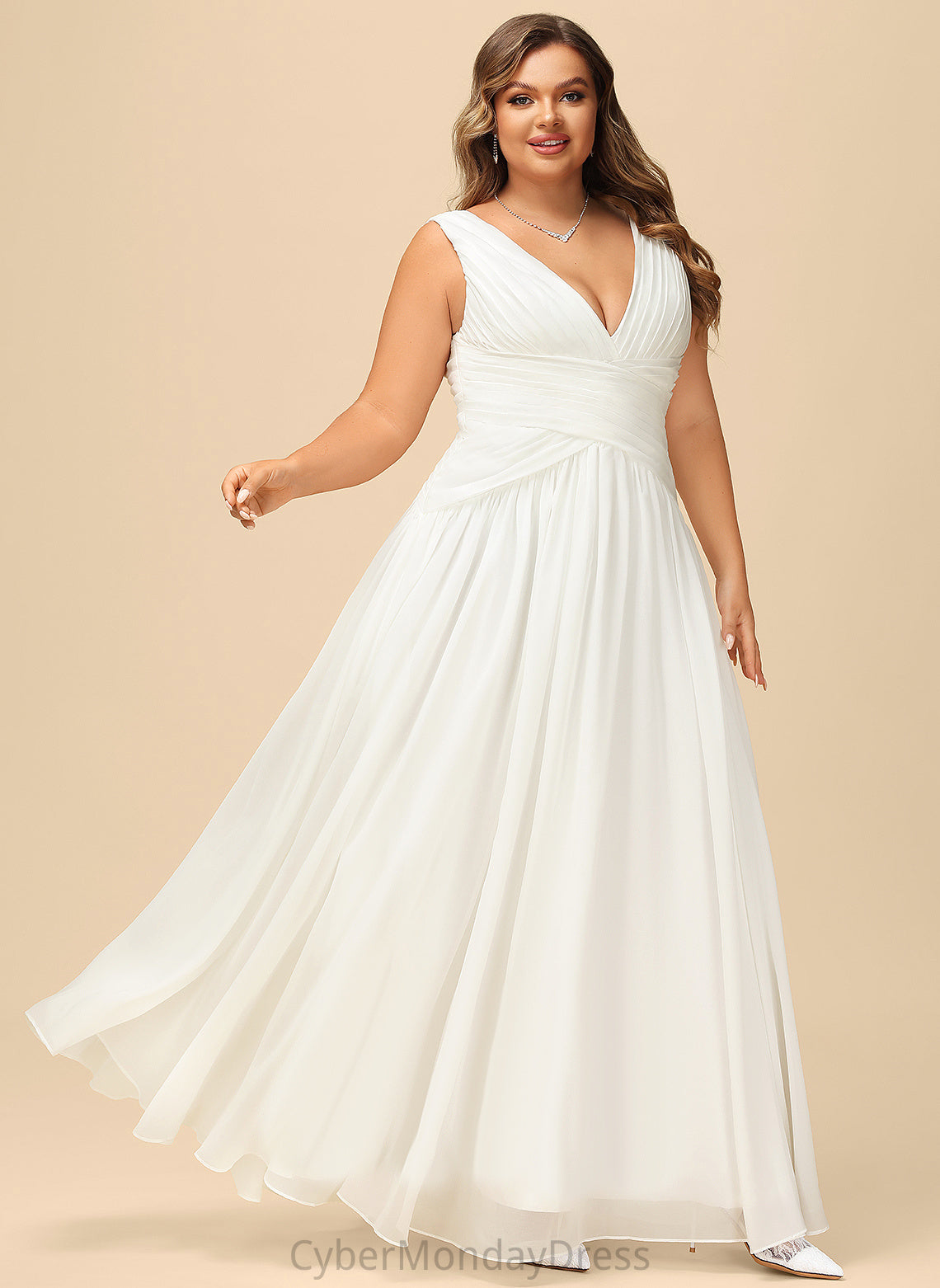 V-neck Eliza A-Line Wedding Dresses Pleated Wedding Floor-Length Chiffon Dress With