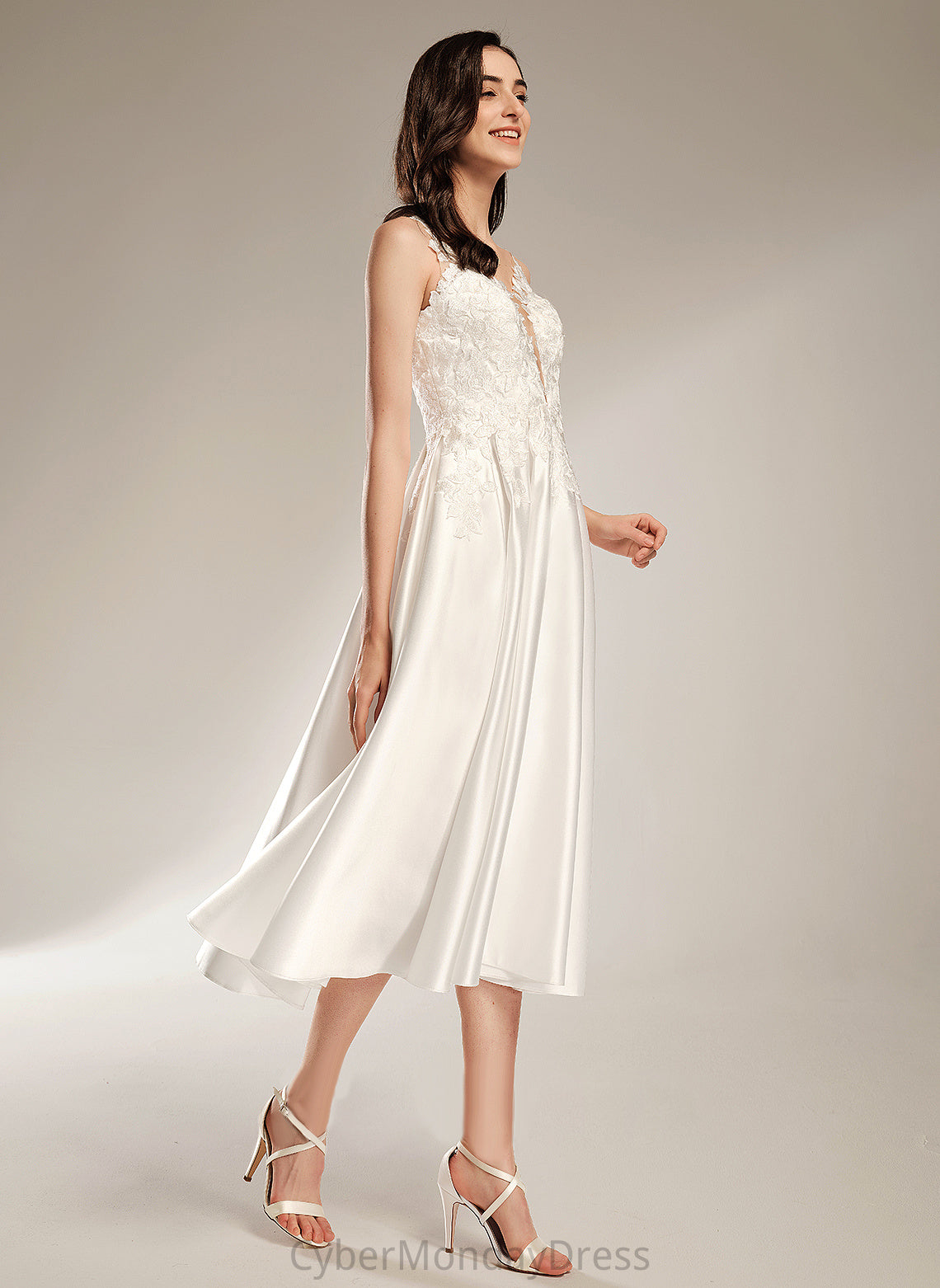 Wedding Dress Lace Tea-Length V-neck Satin Simone Wedding Dresses A-Line