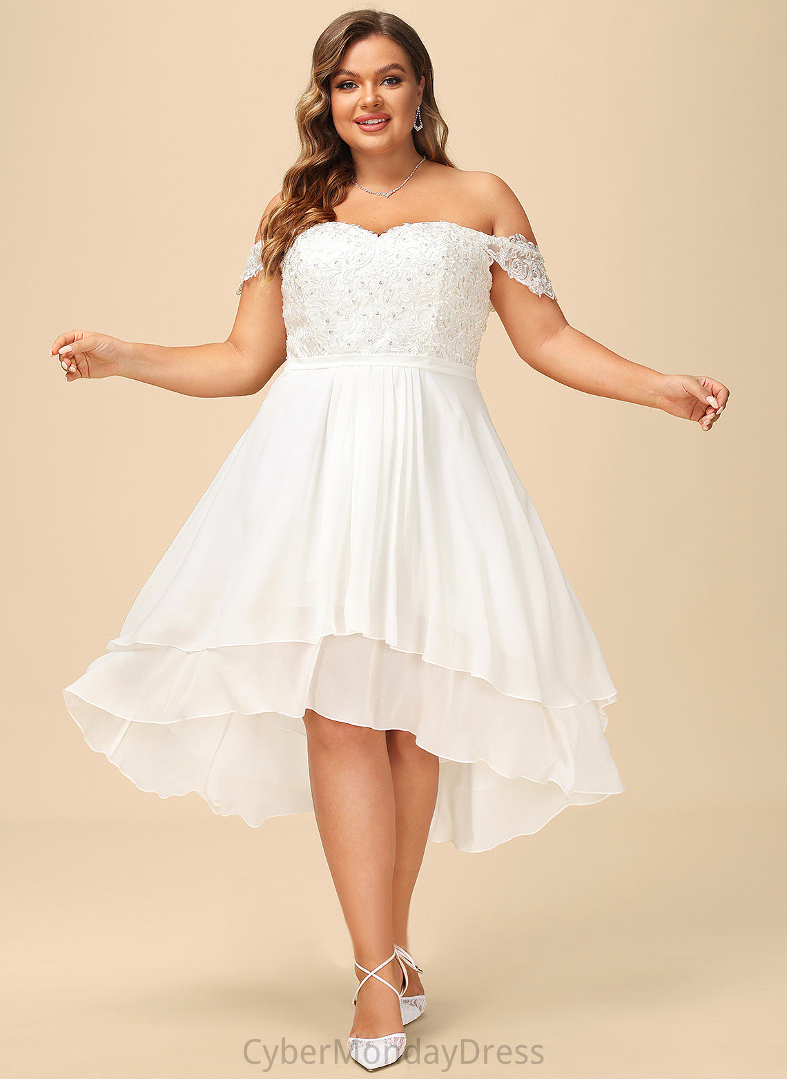 Lace Wedding Beading Jazlynn Sequins Dress Asymmetrical Off-the-Shoulder Chiffon A-Line With Wedding Dresses