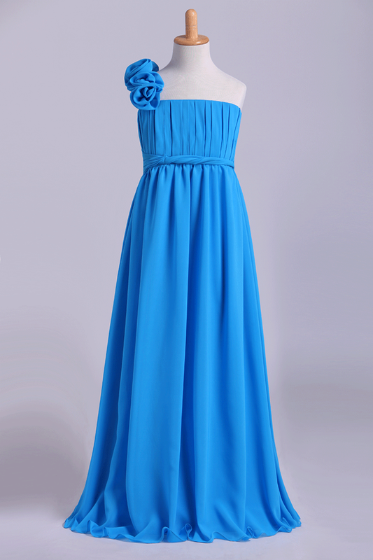 2024 Junior Bridesmaid Dresses A-Line One Shoulder Chiffon With Handmade Flower Floor Length