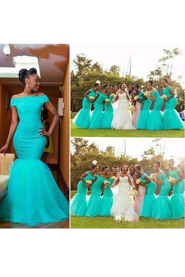 2024 Boat Neck Mermaid Bridesmaid Dresses Tulle & Lace Sweep Train