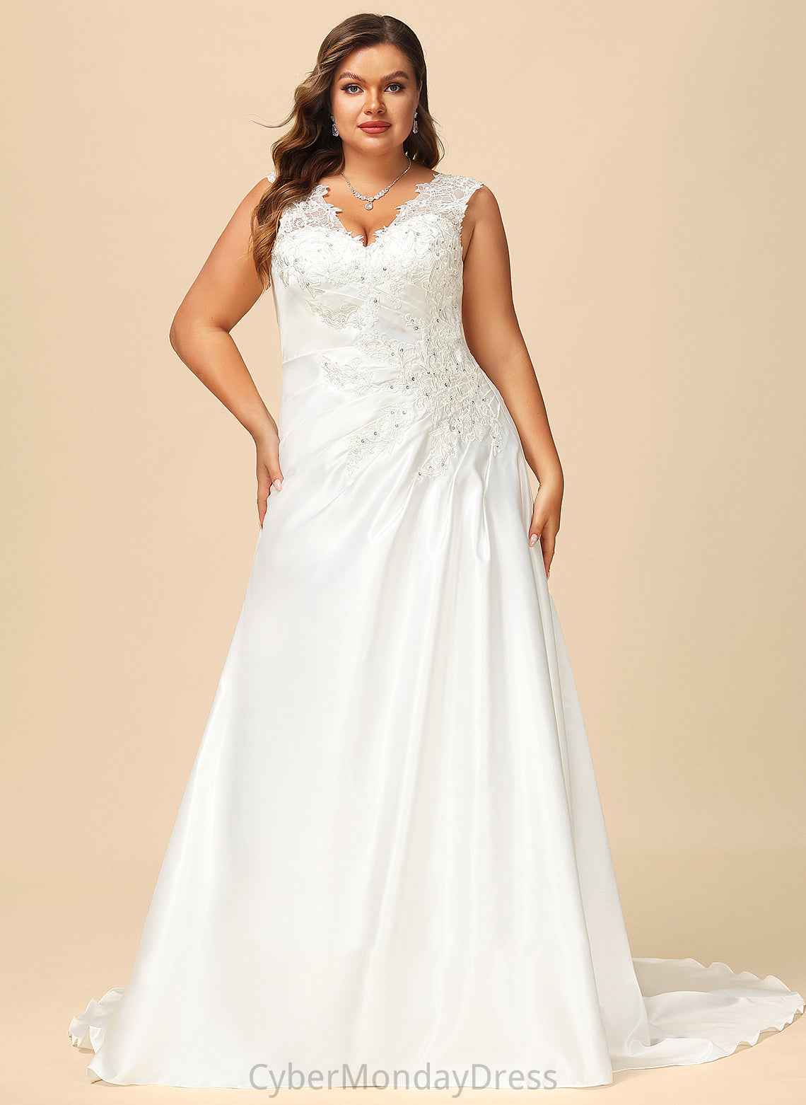 Ball-Gown/Princess Lace Wedding Wedding Dresses V-neck Ruffle Satin Sweep Dress Beading Kayleigh With Sequins Train