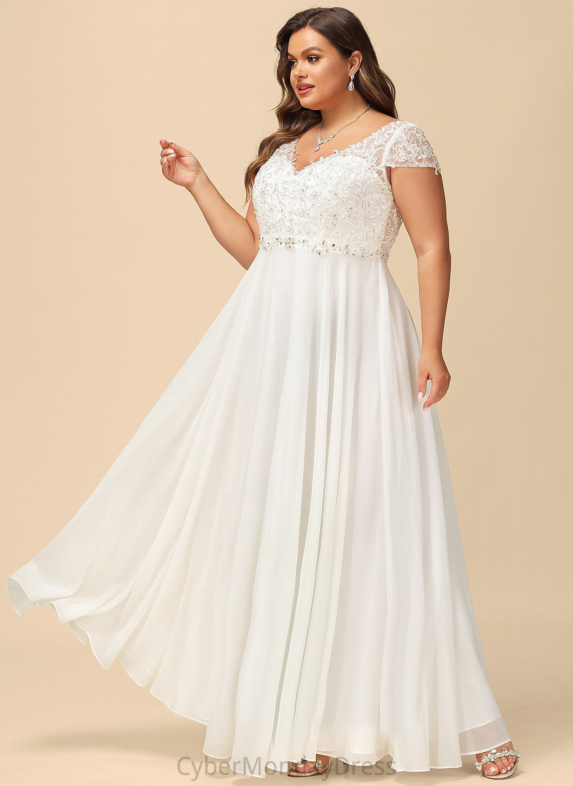 Chiffon Floor-Length Wedding With Lace V-neck Wedding Dresses A-Line Sequins Beading Dress Jazlynn