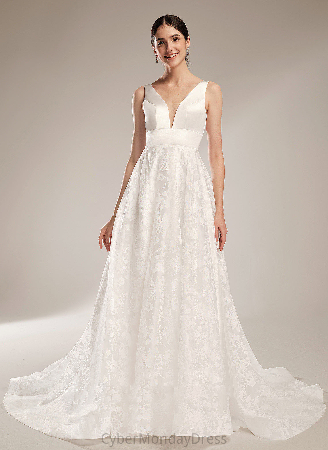 Ball-Gown/Princess Dress Marian V-neck Wedding Train Lace Chapel Wedding Dresses Satin