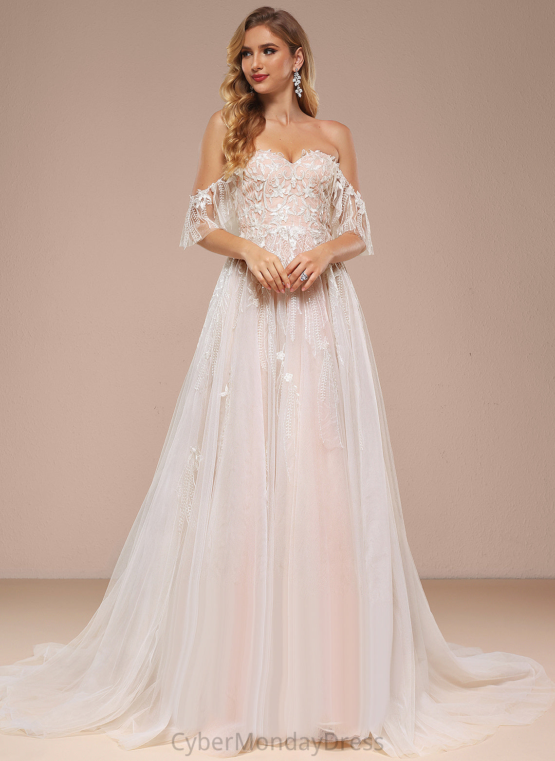 Ball-Gown/Princess Lace Dress Wedding Dresses Wedding Sequins Sweetheart Off-the-Shoulder Tulle With Ruffle Train Aleah Court