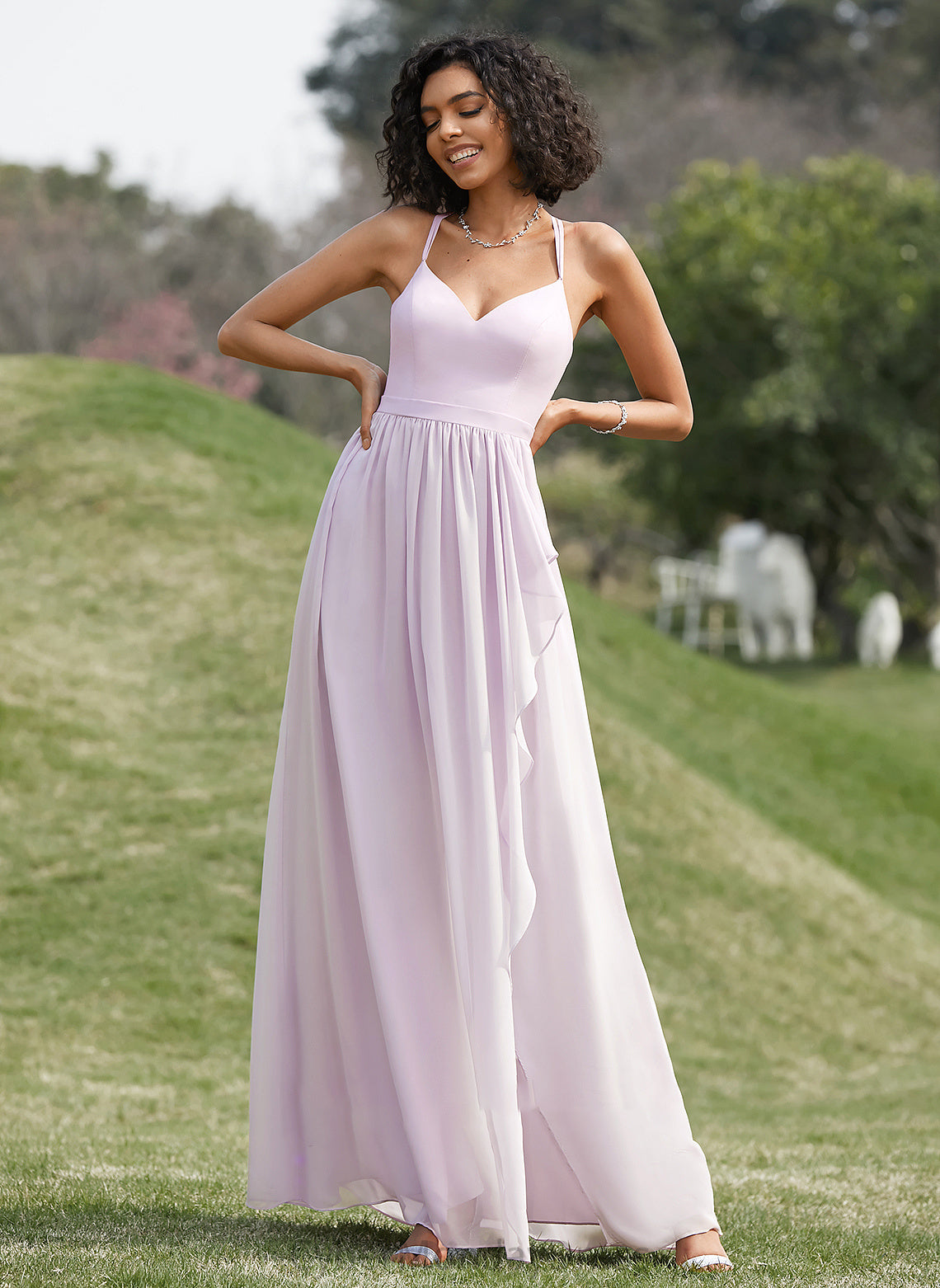 Neckline Embellishment SplitFront Length V-neck A-Line Silhouette Fabric Ruffle Asymmetrical Jada Bridesmaid Dresses